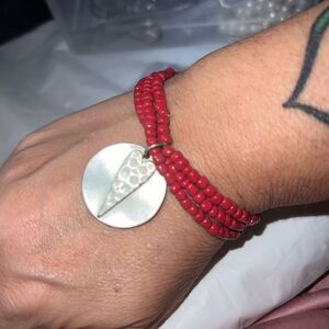 Triple‎ Row Red Beaded Stretch Love Charm Bracelet